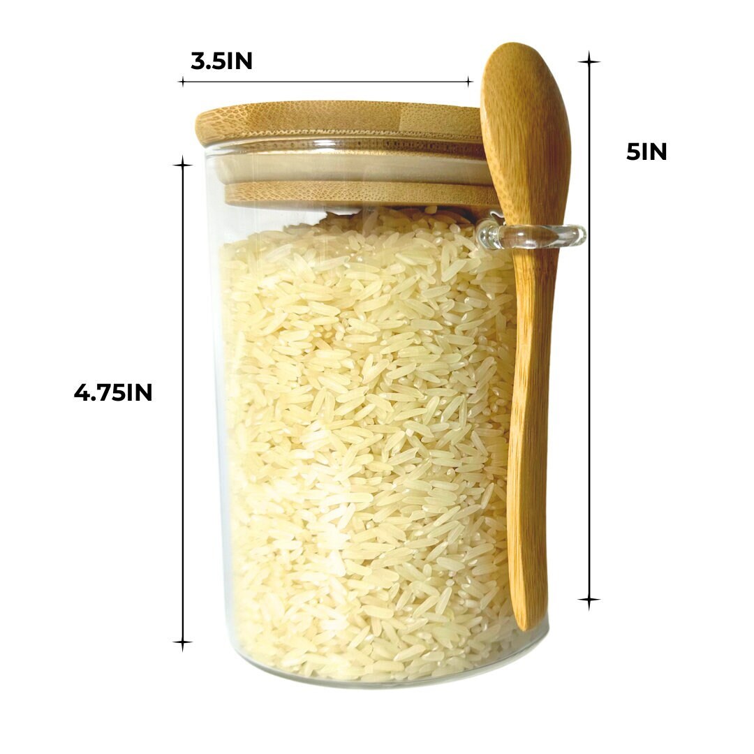 Glass Canister with Bamboo Lid + Spoon - 15oz  Airtight Jar - Overnight Oats Container Coffee Bar Food Storage Jar Cereal Nuts Salts Spice